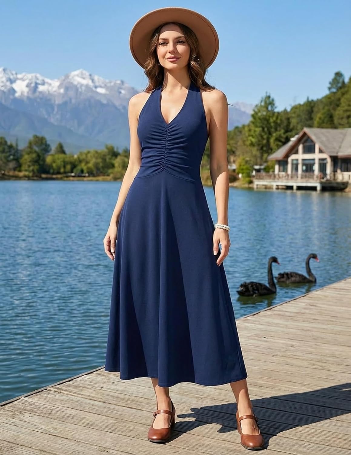 MEROKEETY Womens Wedding Guest Formal Dress Summer Halter Backless Sleeveless V Neck Ruched Cocktail Maxi Dresses