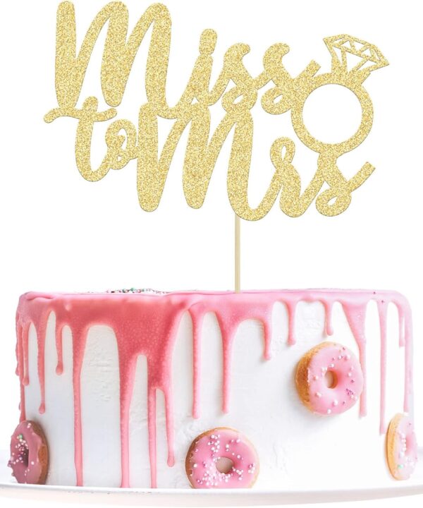1Pc Miss to Mrs Cake Topper Gold Glitter Wedding Bridal Shower with Ring Cake Decorations for Bridal Shower Wedding Engagement Bachelorette Party Supplies