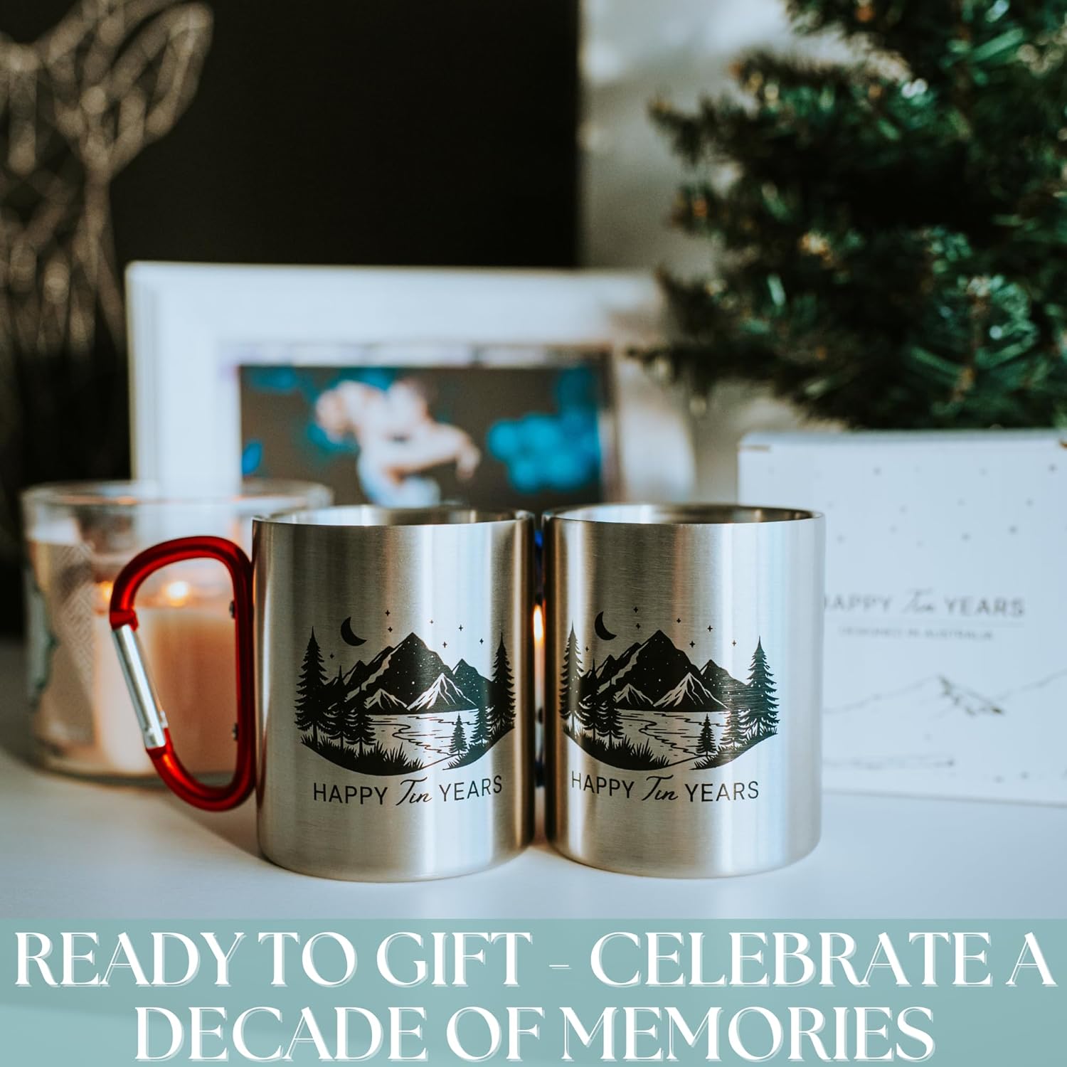 10 Year Anniversary Tin Gifts for Him Tin Anniversary for Husband – 8oz Aluminum Mug with Carabiner Handle 10th Anniversary for Couple (Orange)