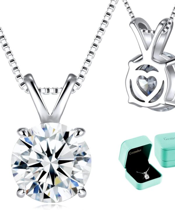 Moissanite Solitaire Necklace for Women, 13 Carat Lab Created Diamond Pendant, D Color VVS1,Heart Back, 18+2" Silver Chain, Gift for Wife, Girlfriend, Mom Yourself on Anniversary, Birthday, Wedding