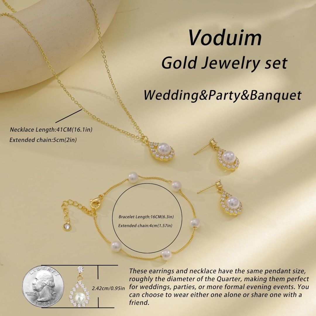 Jewelry Sets for Women,Dainty 14k Gold Plated Pearl Earrings Necklace Bracelet Fashion Silver Bridal Jewelry accessories SimpleWedding Jewelry Sets for Brides