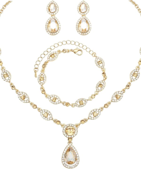 CSY Women's Elegant Teardrop Crystal Necklaces Dangle Earrings Bracelet Jewelry Sets for Brides Bridesmaids