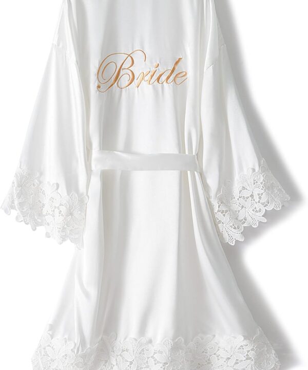 Crystal Dew Women's Lace Trim Bride Kimono Robes with Embroidery Bridal Silky Satin Bathrobe Wedding Party Sleepwear
