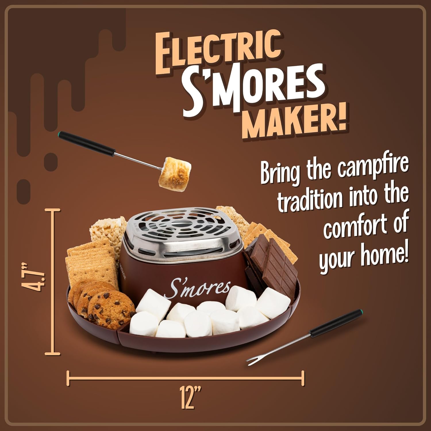 Nostalgia Tabletop Indoor Electric Smores Maker – Smores Kit With Marshmallow Roasting Sticks and 4 Trays for Graham Crackers, Chocolate, and Marshmallows – Movie Night Supplies – Brown