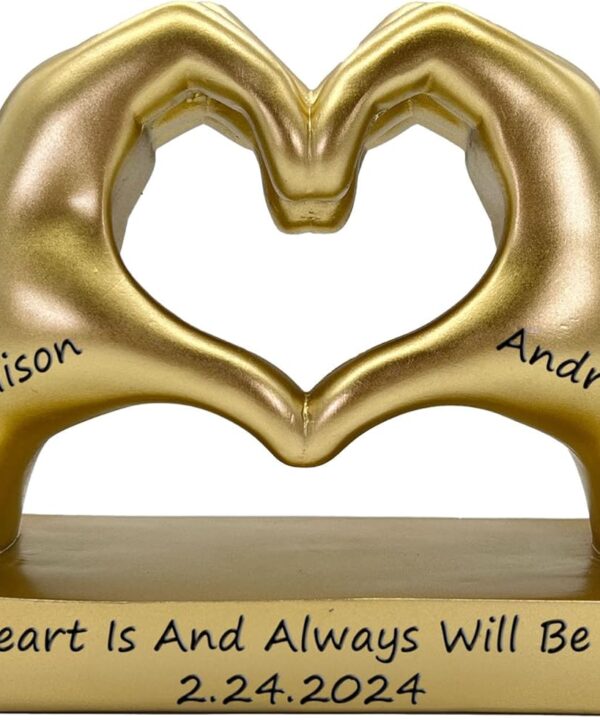 Gold Heart Shape Hand Statue Personalized for Girlfriend, Wife, Valentine's Day Gifts for Women, Couples, Decorations, Trendy Room Decor, Custom with Names, Wedding Anniversary, Birthday