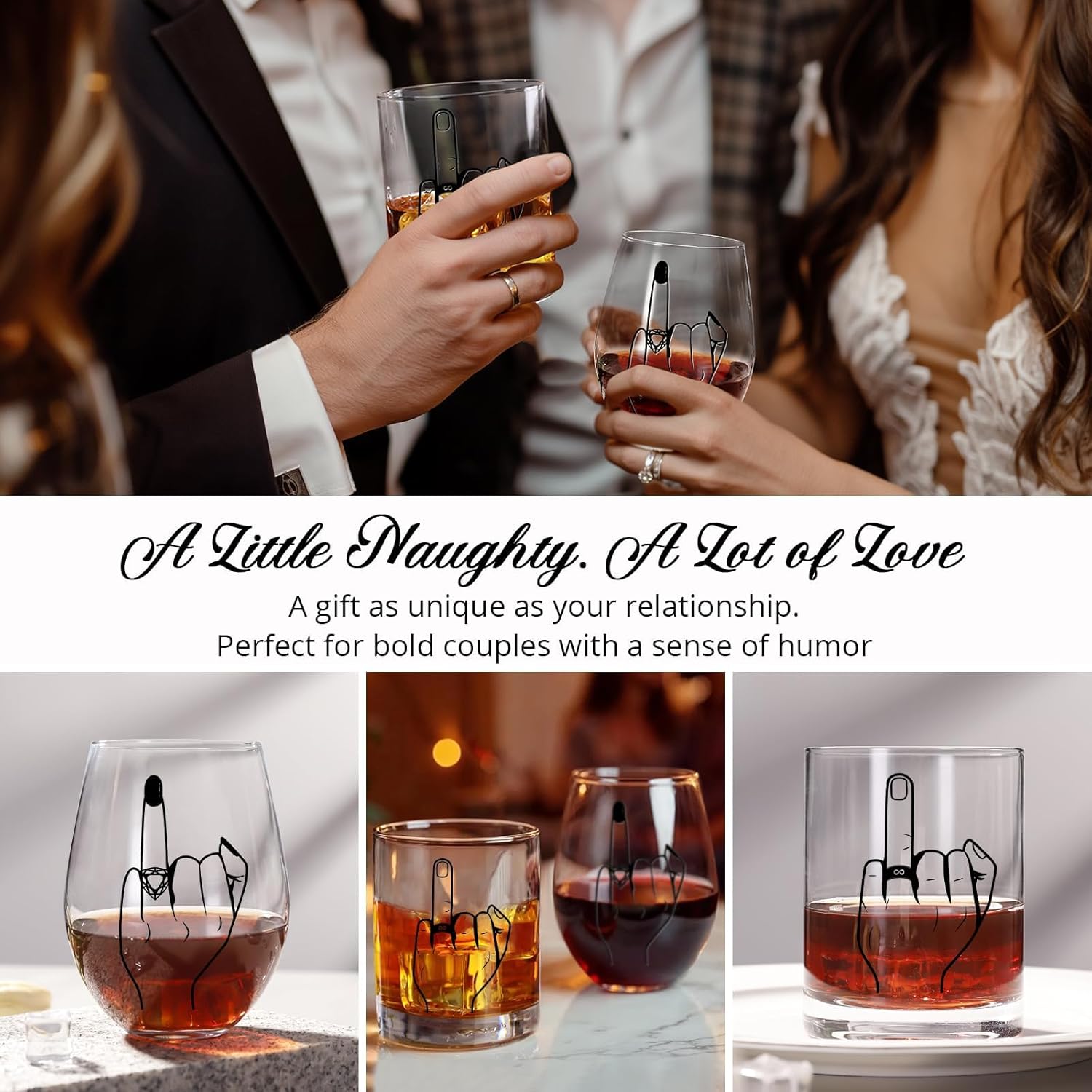 Funny Engagement/Wedding Gift for Couples Ring Finger Wine and Whiskey Glass SetCool Bridal Shower/Bachelorette Gift for Bride Groom, Newlyweds,Just Married,Mr and Mrs for Valentines Day