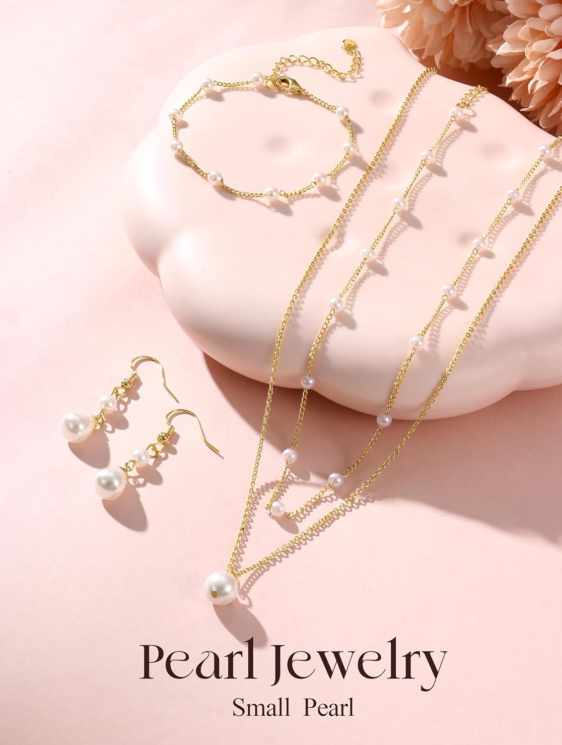 YADOCA Gold Jewelry Set for Women – 16K Gold Plated Pearl Necklace and Earring Set With Drop Earrings,Charm Layered Necklace,Adjustable Bracelets – Dainty Womens Pearl Jewelry Set For Wedding Gifts