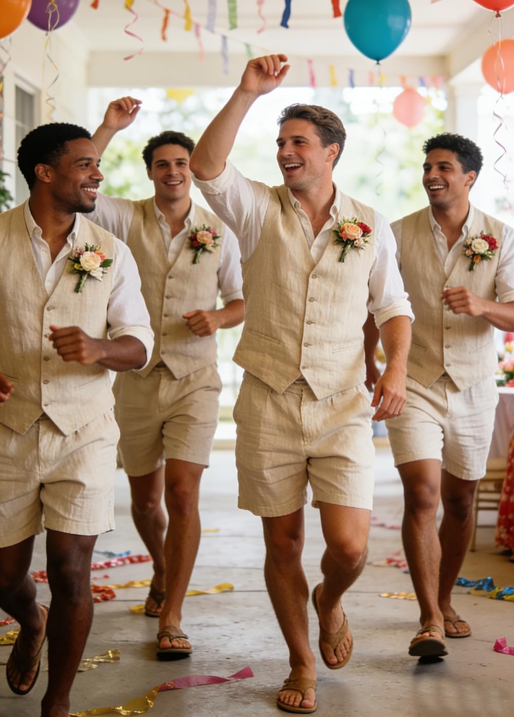 Mens Linen 2 Piece Suit Slim Fit Wedding Groom Groomsmen Summer Vest Shorts Set