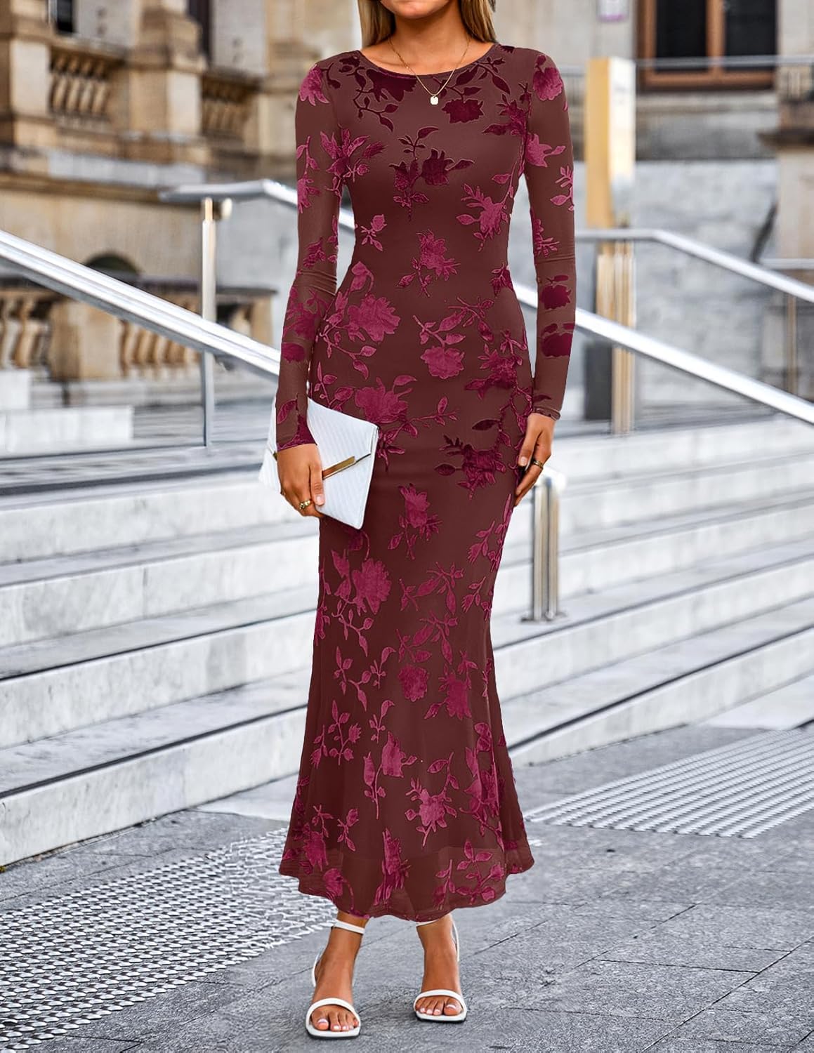 MEROKEETY Womens 2026 Spring Wedding Guest Maxi Dress Long Sleeve Bodycon Floral Mesh Fall Cocktail Formal Party Dresses