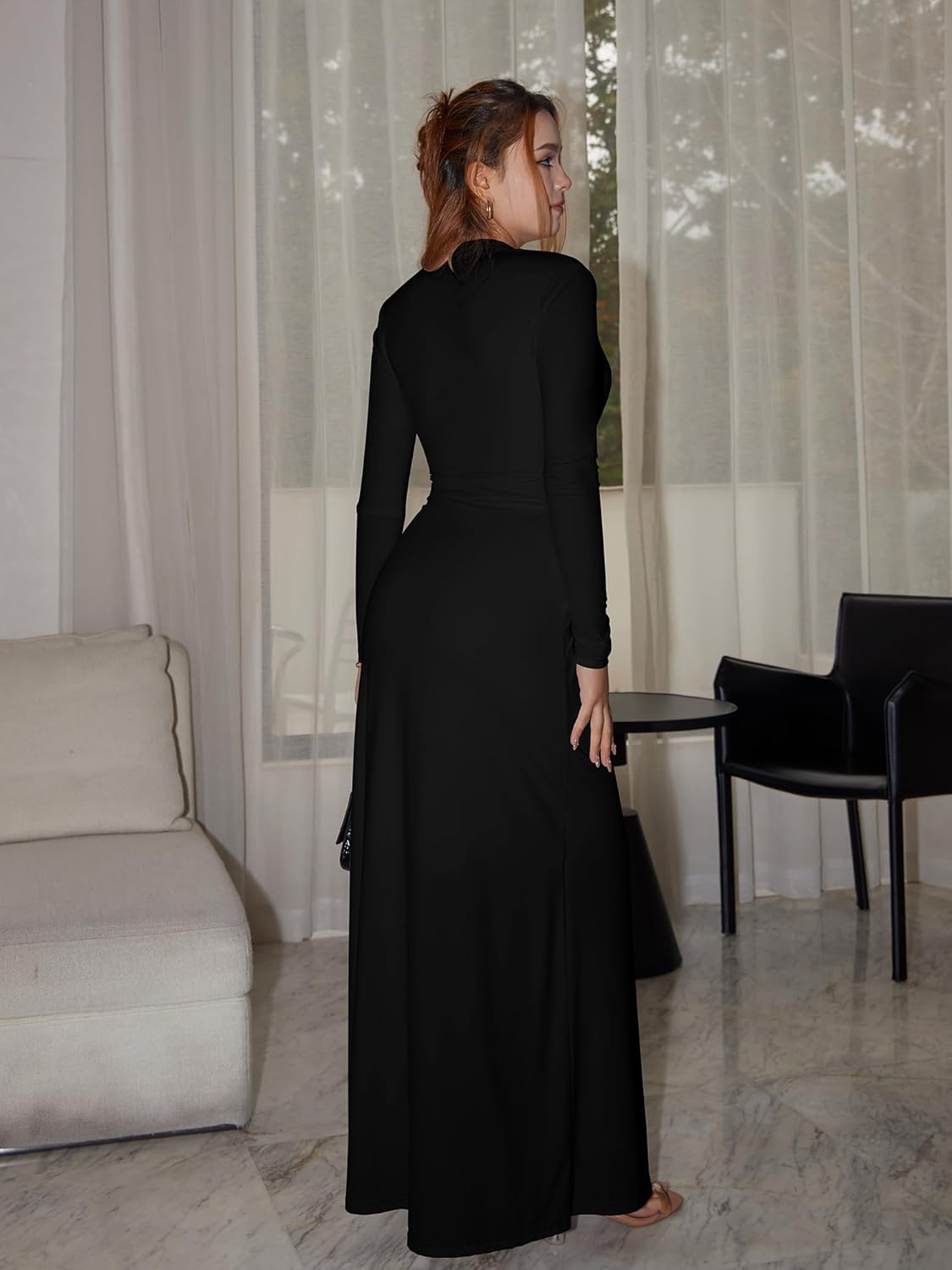 DAAWENXI Womens Sexy Deep V Neck Maxi Dress Long Sleeve Tie Wedding Guest Cocktail Evening Dresses