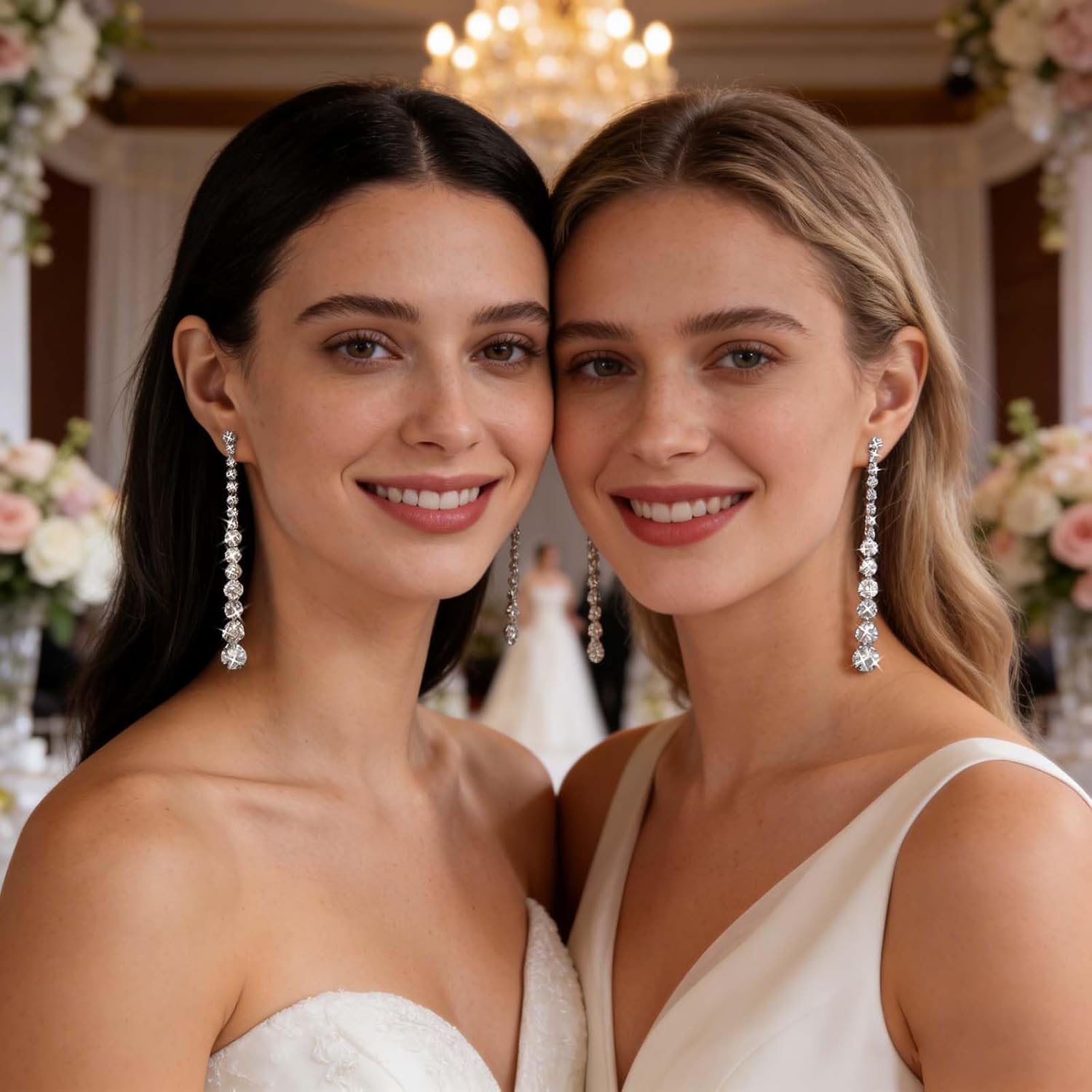 Wedding Long Rhinestone Earrings Silver Crystal Dangle Earring Dainty Diamond Cubic Zirconia Bridal Drop Sparkly Tassel Cz Brides Stud Simple Shiny Statement Formal Bridesmaid Party Prom Jewelry Women
