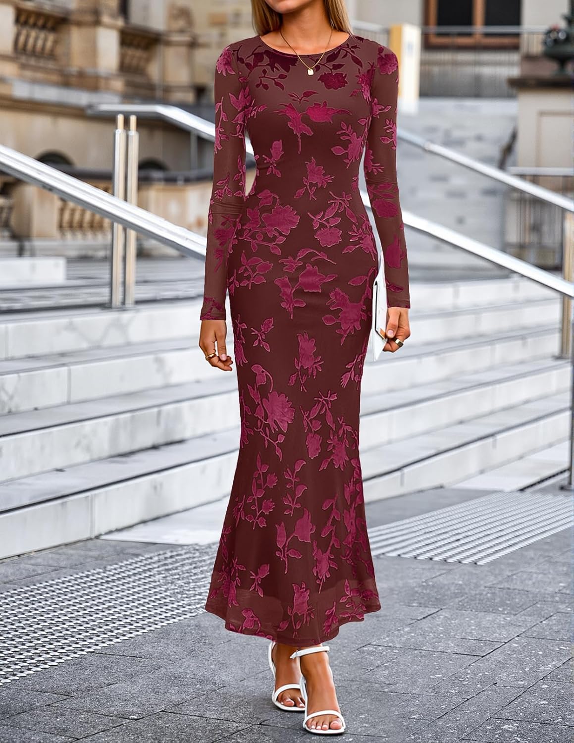 MEROKEETY Womens 2026 Spring Wedding Guest Maxi Dress Long Sleeve Bodycon Floral Mesh Fall Cocktail Formal Party Dresses