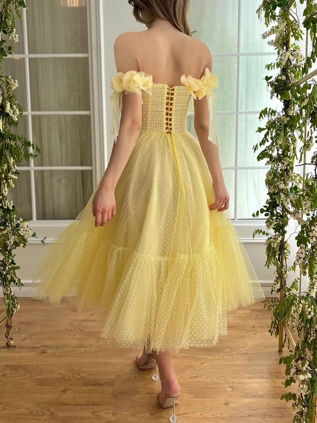 Dotted Tulle Off Shoulder Prom Dress for Women Sweetheart Midi Puffy Formal Party Gowns