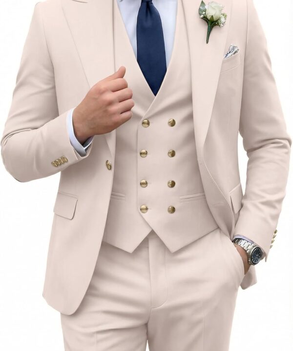 Mens Suit 3 Piece Double Breasted Suit Men Slim Fit Formal Tuxedo Suit Set Groomsmen Wedding Prom Suits