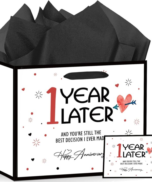 Peconal Happy 1st Anniversary Party Favor Bag with Tissue Paper and Greeting Card White One Year Wedding Anniversary Wrapping Paper Bag 1 Year Later First Wedding Bags for Him Her Couple Wife Husband