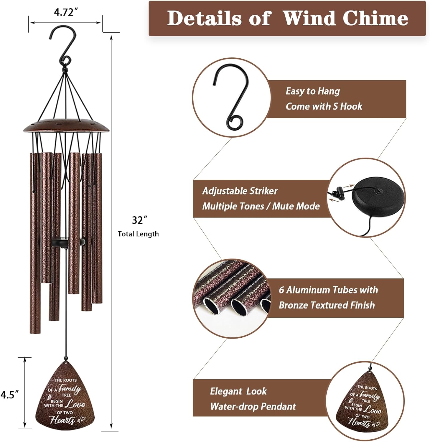 Wedding Anniversary Couples Gift, 32 Bronze Wind Chimes, Wedding Romantic Gift for Couple Parents Friends Women Men, Happy Anniversary Decorations