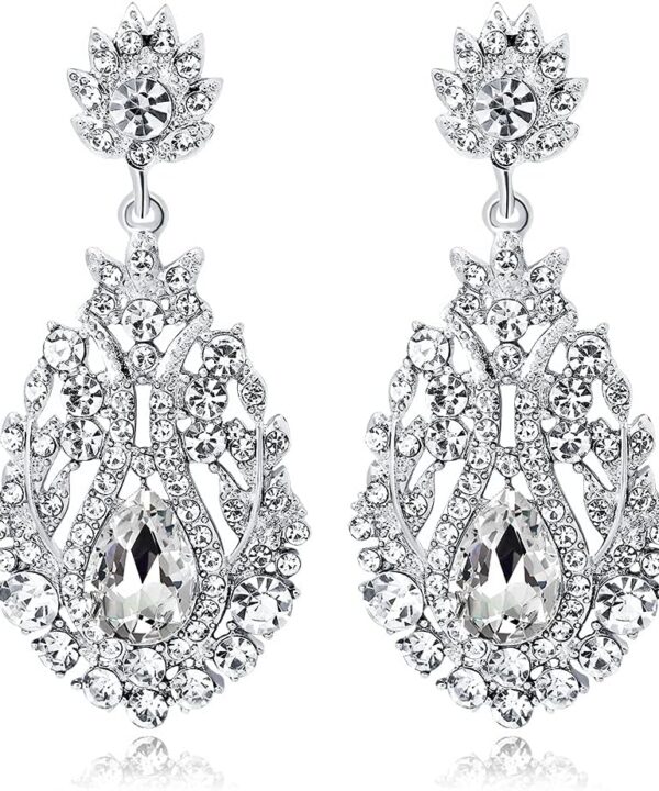 JWICOS Silver Floral Teardrop Wedding Bridal Earrings for Women Brides and Bridesmaids Chandelier Crystal Rhinestones Dangle Drop Earrings