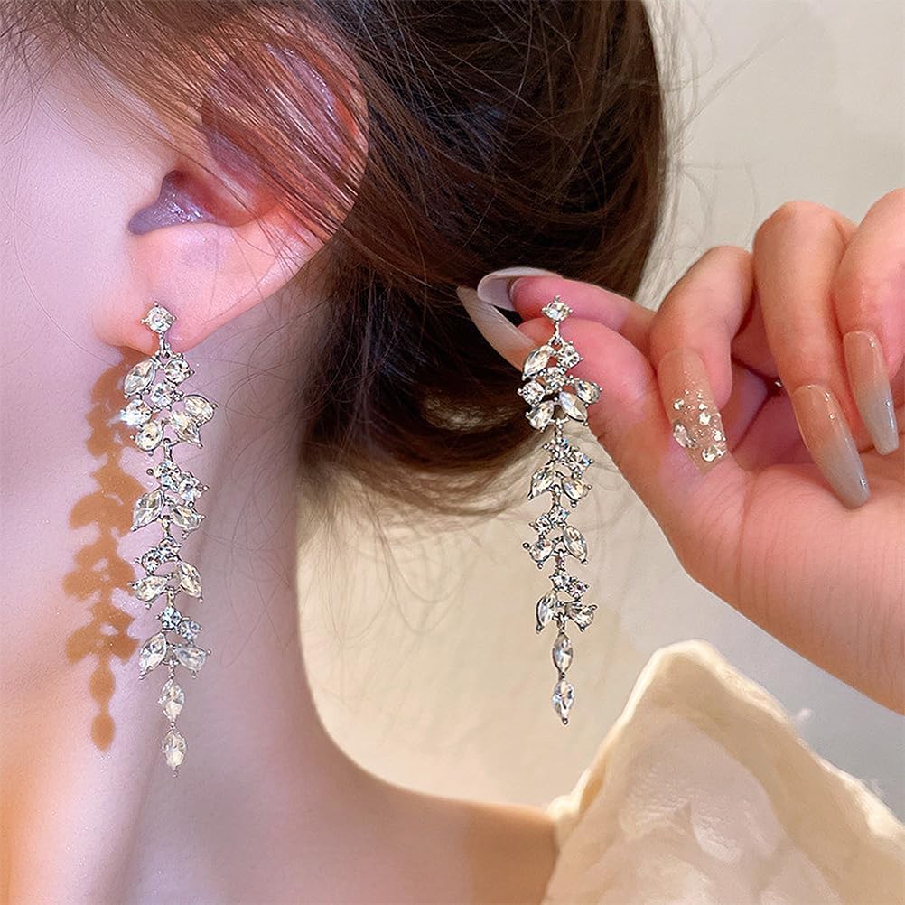 Shiny Silver Cubic Zirconia Tassel Earrings for Women, Sparkling Rhinestone Wedding Bridal Bridesmaid Drop Dangle Earrings Funky Preppy Aesthetic Jewelry