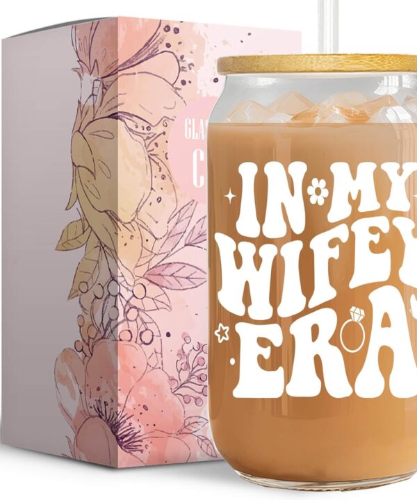 Bridal Shower and Bachelorette Gifts - Unique Wedding Present for Bride to Be - In My Wifey Era 16 Oz Glass Coffee Cup
