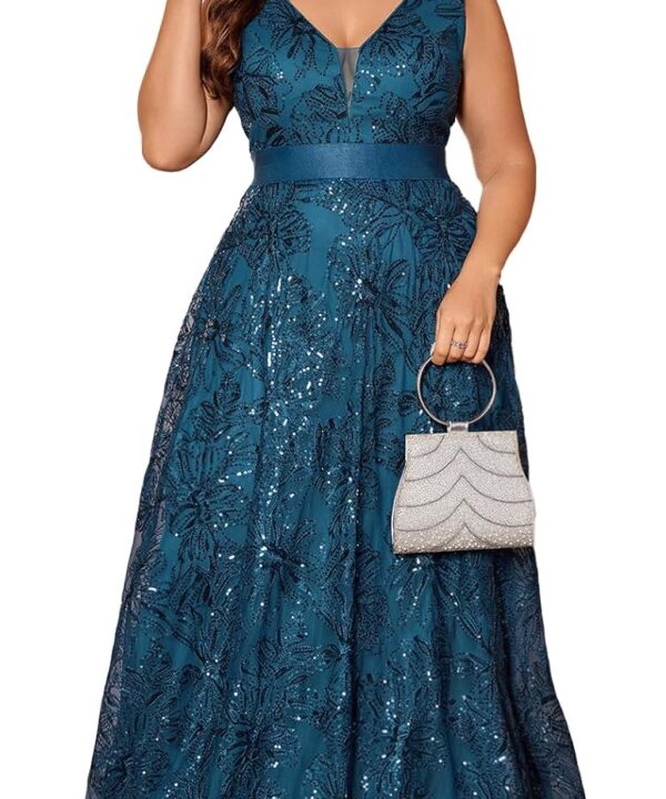 Plus Size Formal Dresses for Women with Embroidery Sequin and V-Neck, A-Line Maxi Dress for Wedding and Cocktail