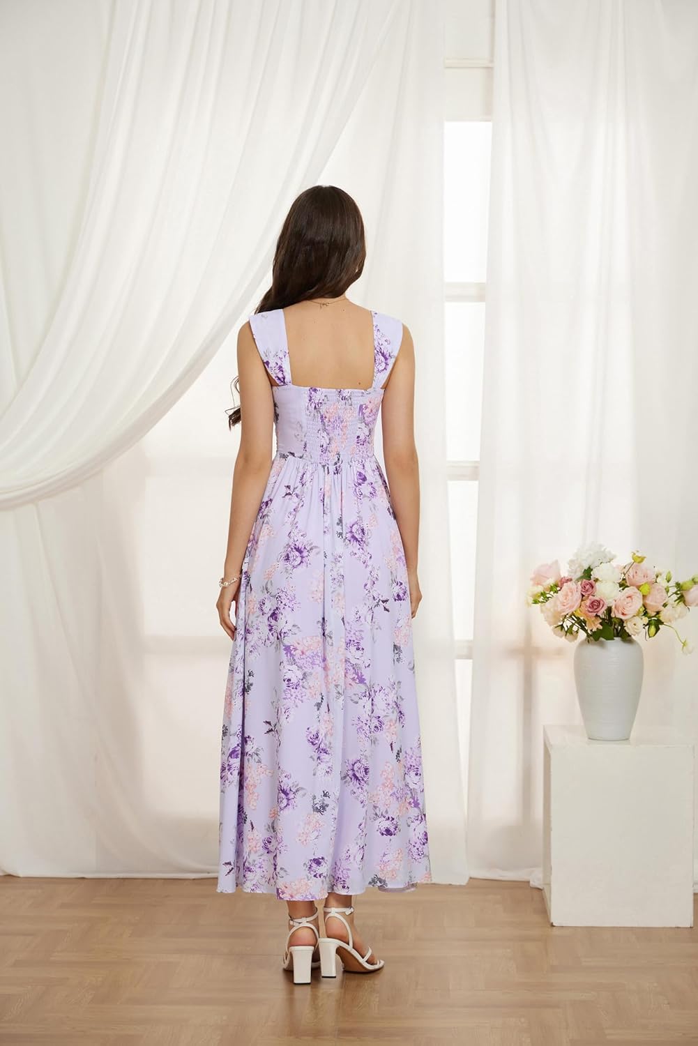 GRACE KARIN 2025 Womens Summer Floral Print Flowy A Line Maxi Dresses Sleeveless Smocked Off Shoulder Dress