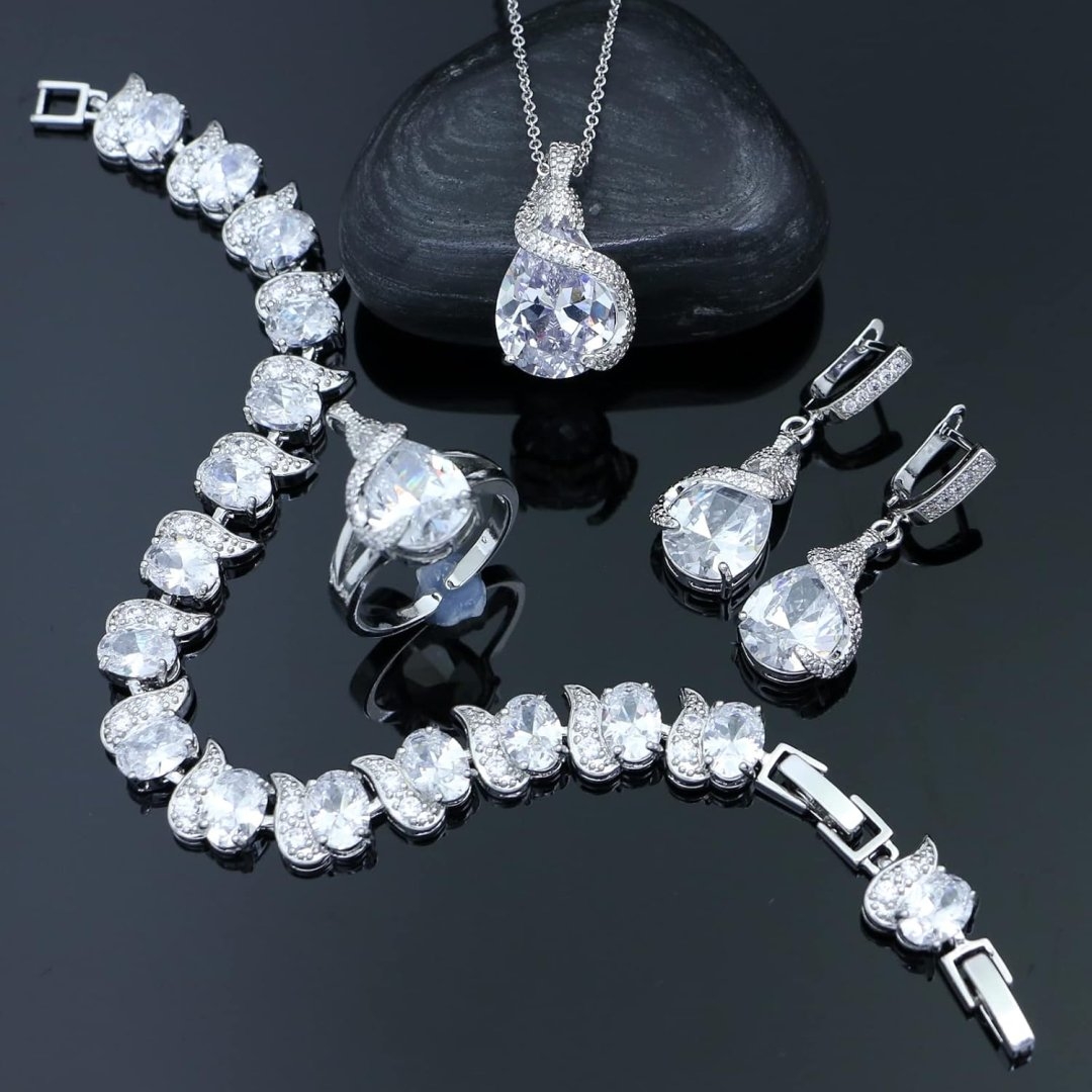 GZWHD Jewelry Set for Women Water Drop Cubic Zirconia Artificial Crystal Earrings Pendant Necklace Open Ring Tennis Bracelet Wedding Anniversary Birthday Engagement Gift for Bridesmaid Wife Girlfriend Friend