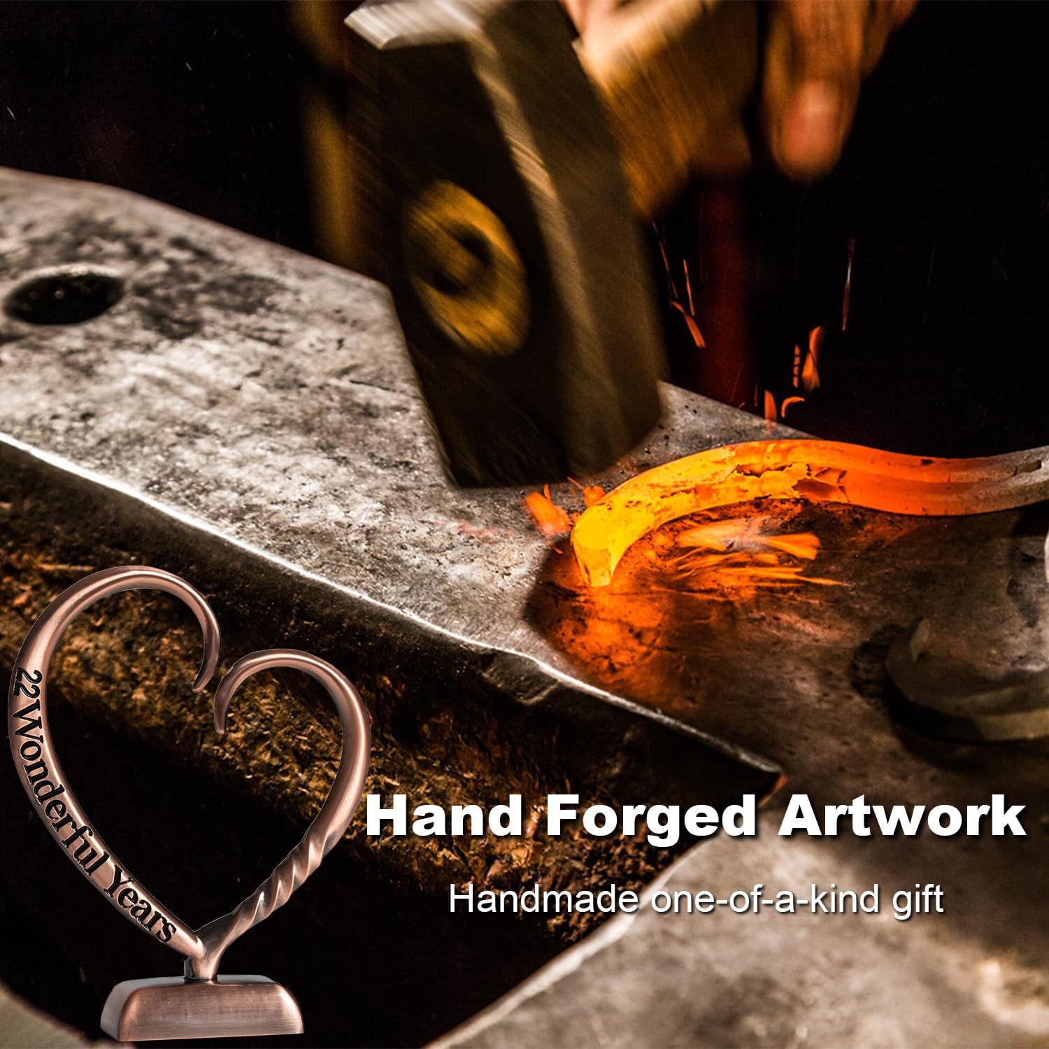 BESZONE 22 Year Anniversary Copper Gifts for Her Him Gift 22nd Wedding Anniversary for Couples Wife Husband Men, Hand Forged Copper Heart Art Keepsake Home Decor Artwork