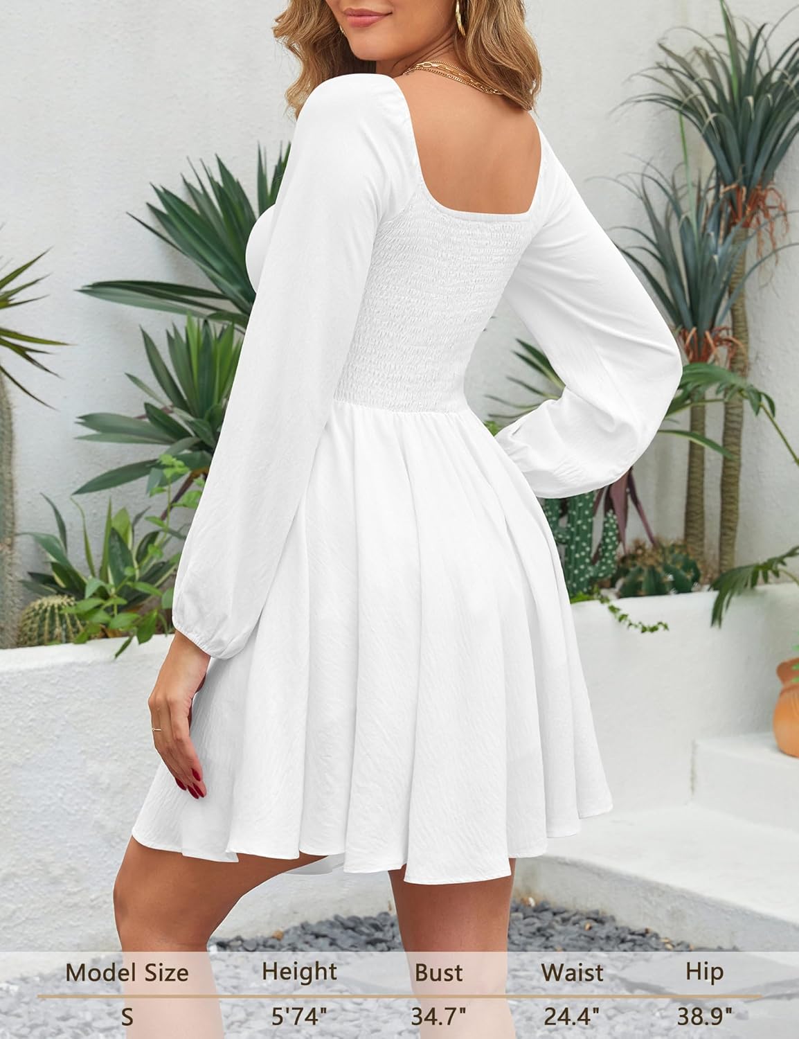 Florboom Womens Sweetheart Knot Front Dress Lantern Long Sleeve Smocked Back A-Line Chiffon Mini Dresses