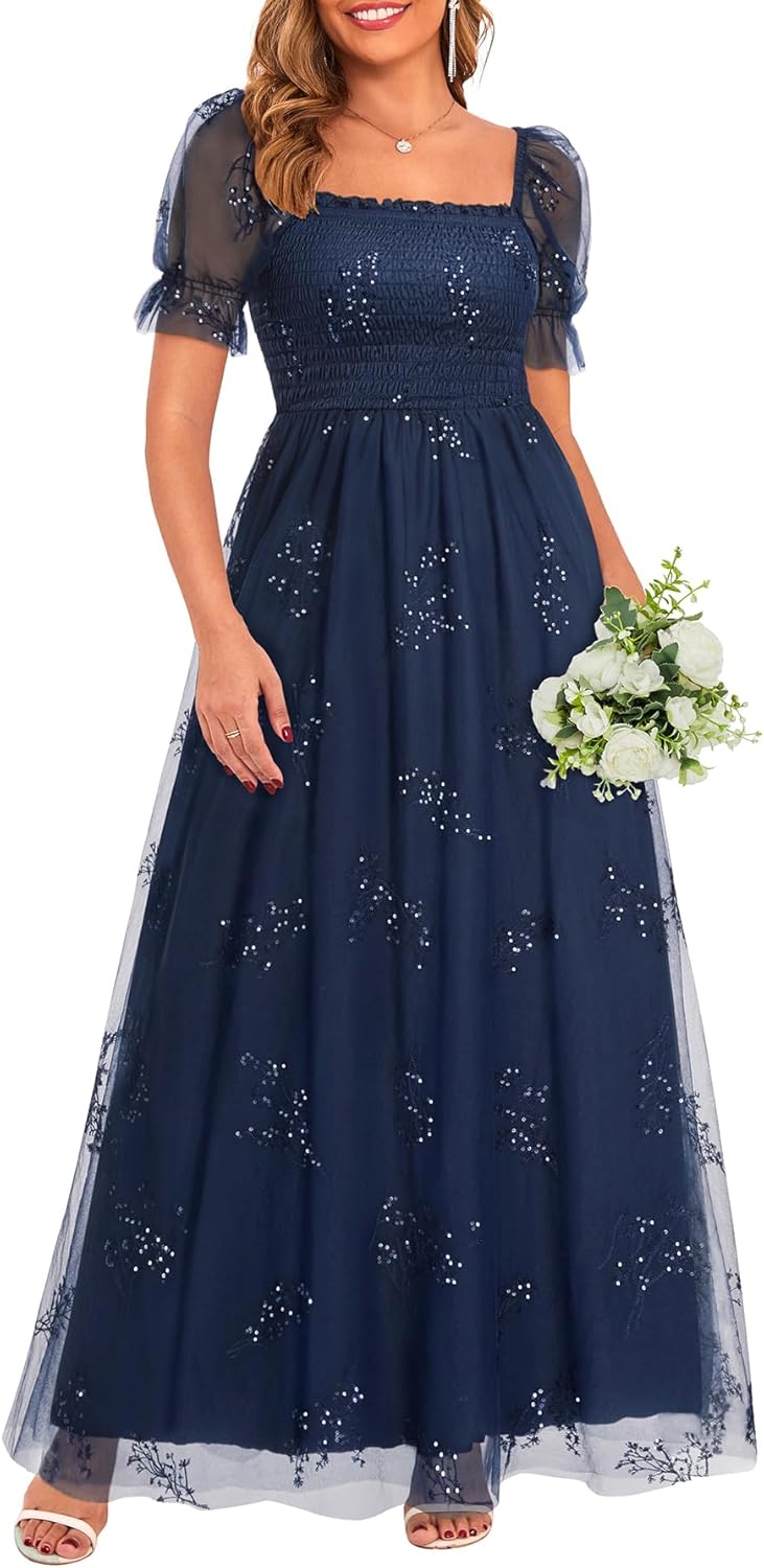 Plus Size Formal Dresses - Bridesmaid Leaf Embroidery with Sequin Tulle Prom Long Dress