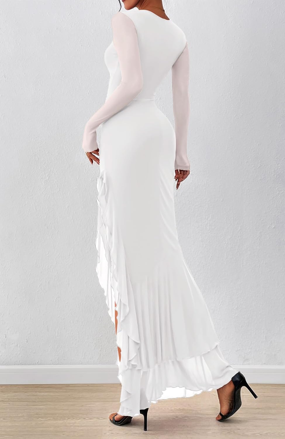 BTFBM Womens Maxi Dresses Spring 2026 Long Sleeve Ruched Bodycon Solid Ruffle Mermaid Cocktail Wedding Guest Dress