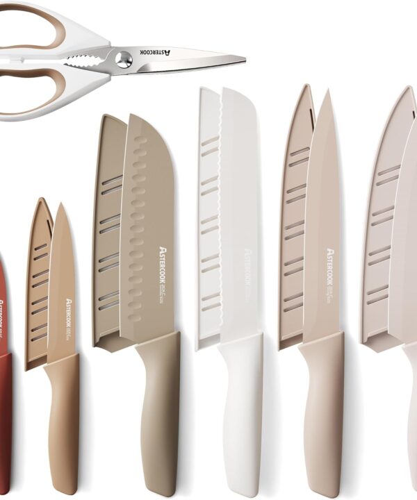 Astercook Knife Set, 13 Pieces Kitchen Knives Set with Healthy Anti-Rust Coating, Dishwasher Safe, Stainless Steel Chef Knife Sets with 6 Blade Guards, Perfect Holiday Gifts for Kitchen