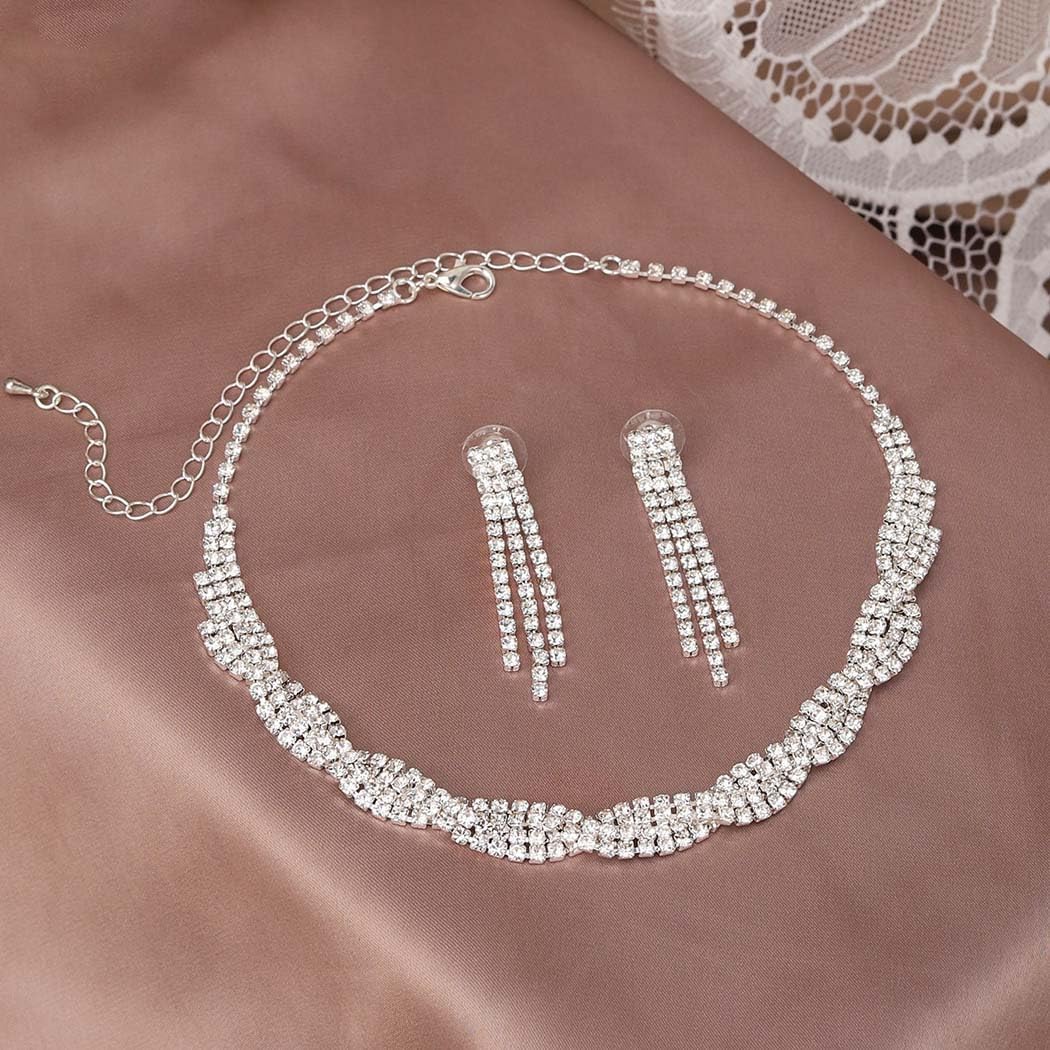 Unicra Wedding Jewelry Sets Silver Rhinestone Necklace Earrings Bracelet Sets Prom Jewelry Accessories for Women and Brides