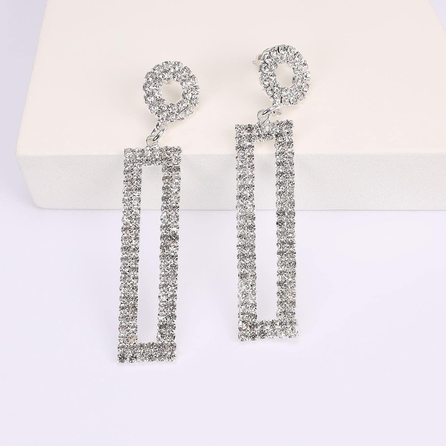 Rhinestone Long Drop Earrings Statement Rectangle Dangle with Circle Studs Fashion Jewelry