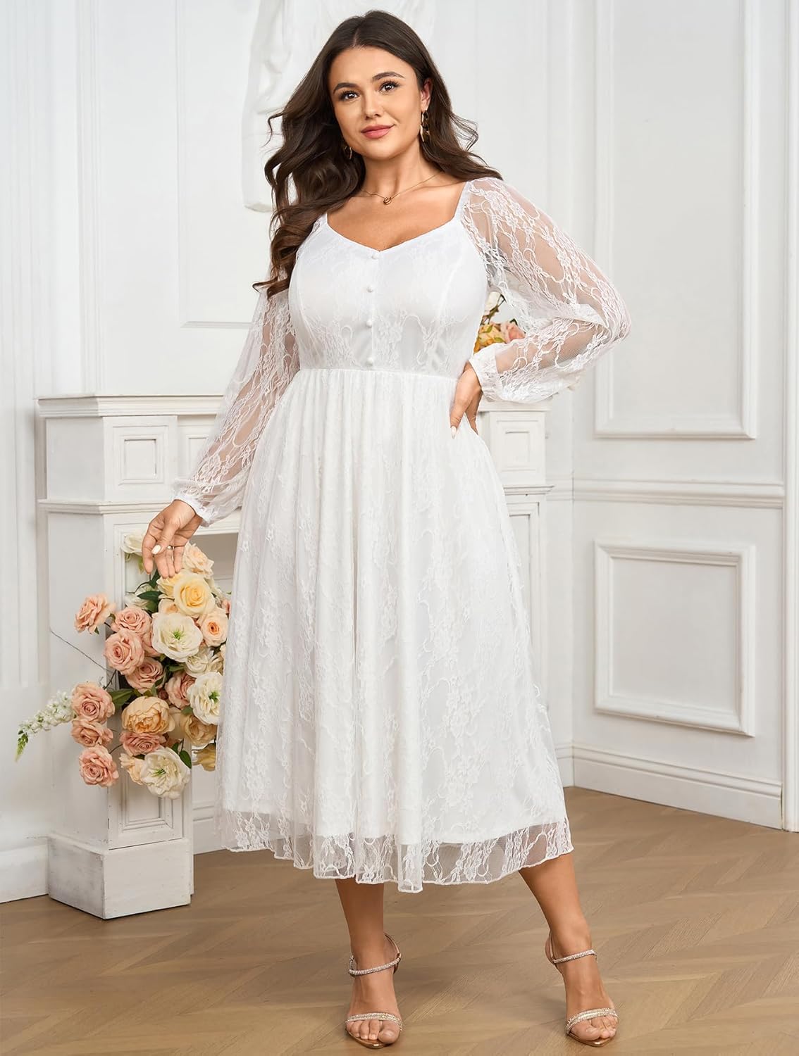 SCOMCHIC Womens Plus Size Cocktail Dress Wedding Guest Lace Long Sleeve Formal Party Maxi Dresses