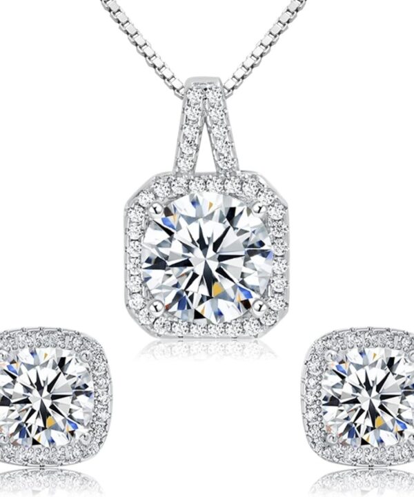 Cubic Zirconia Necklace and Earrings Set for Women 14K White Gold Plated Bridesmaid Silver Jewelry Set for Women Pendant Necklace Hypoallergenic Stud Earrings Set Jewellery Gift for Mom Wife Bride Bridesmaid