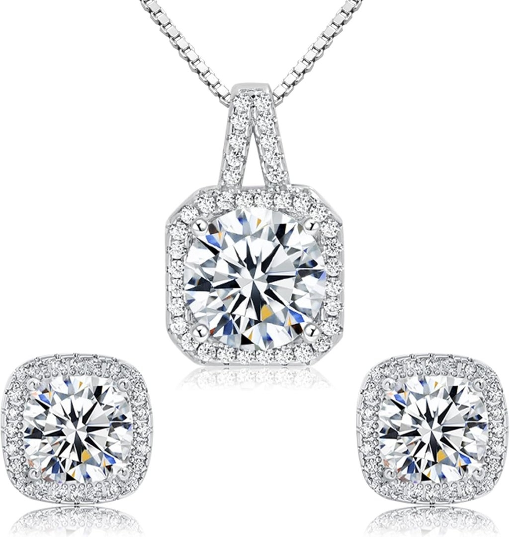 Cubic Zirconia Necklace and Earrings Set for Women 14K White Gold Plated Bridesmaid Silver Jewelry Set for Women Pendant Necklace Hypoallergenic Stud Earrings Set Jewellery Gift for Mom Wife Bride Bridesmaid
