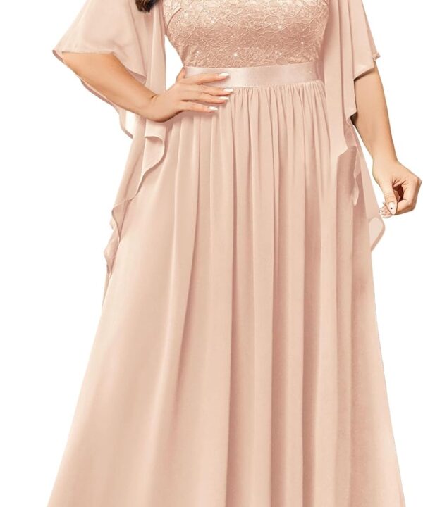 Miusol Women's Plus Size Sequin Lace with Ruffle Cape Cloak Sleeves Elegant Evening Gown Wedding Guest Maxi Dress