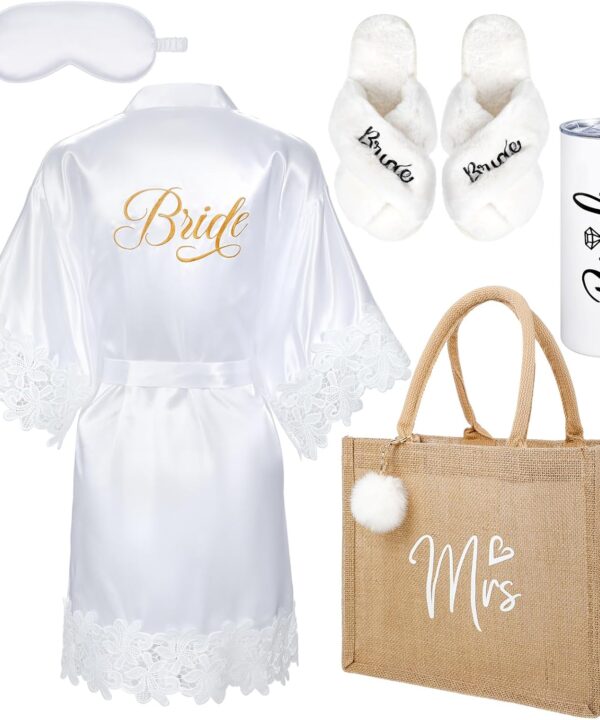 Handepo 5 Pcs Bride/bridesmaid Shower Robe Gifts Bride Gift Set with Sleeping Eye Mask Slippers for Wedding Party