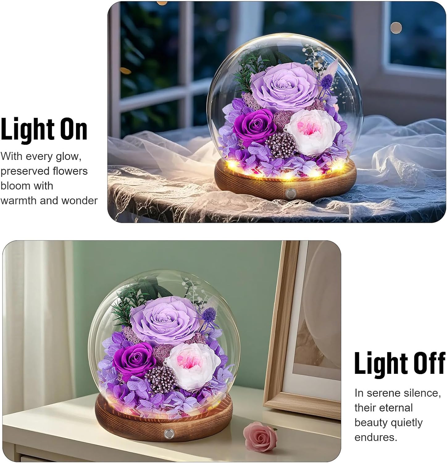 MAMAMIKO Preserved Roses in Glass Dome with LED Light – Long Lasting Real Roses, Forever Flowers for Delivery, Mothers Gifts for Her, Mom, Wife Anniversary Birthday Gifts for Women, Purple