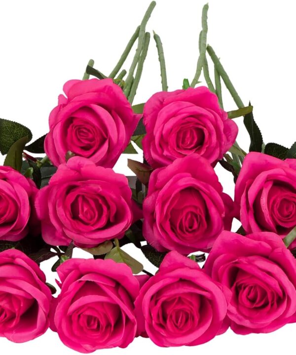 Laelfe 12 PCS Artificial Flowers Hot Pink Roses Silk Flowers Fake Long Stem Artificial Fuchsia Roses for Home Wedding Bathroom Kitchen Decorations (Hot Pink)