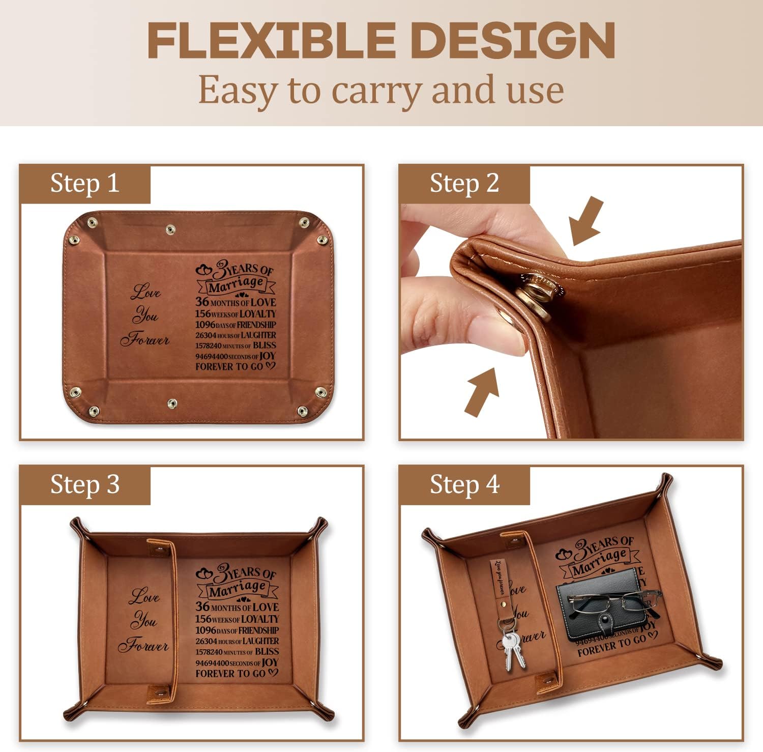 XIKAINUO 3 Years of Marriage Engraved Leather Tray Jewelry Organization with Love You Forever Keychain Includes Dates Breakdown Gift for Couples Husband Wife Birthday Wedding Anniversary