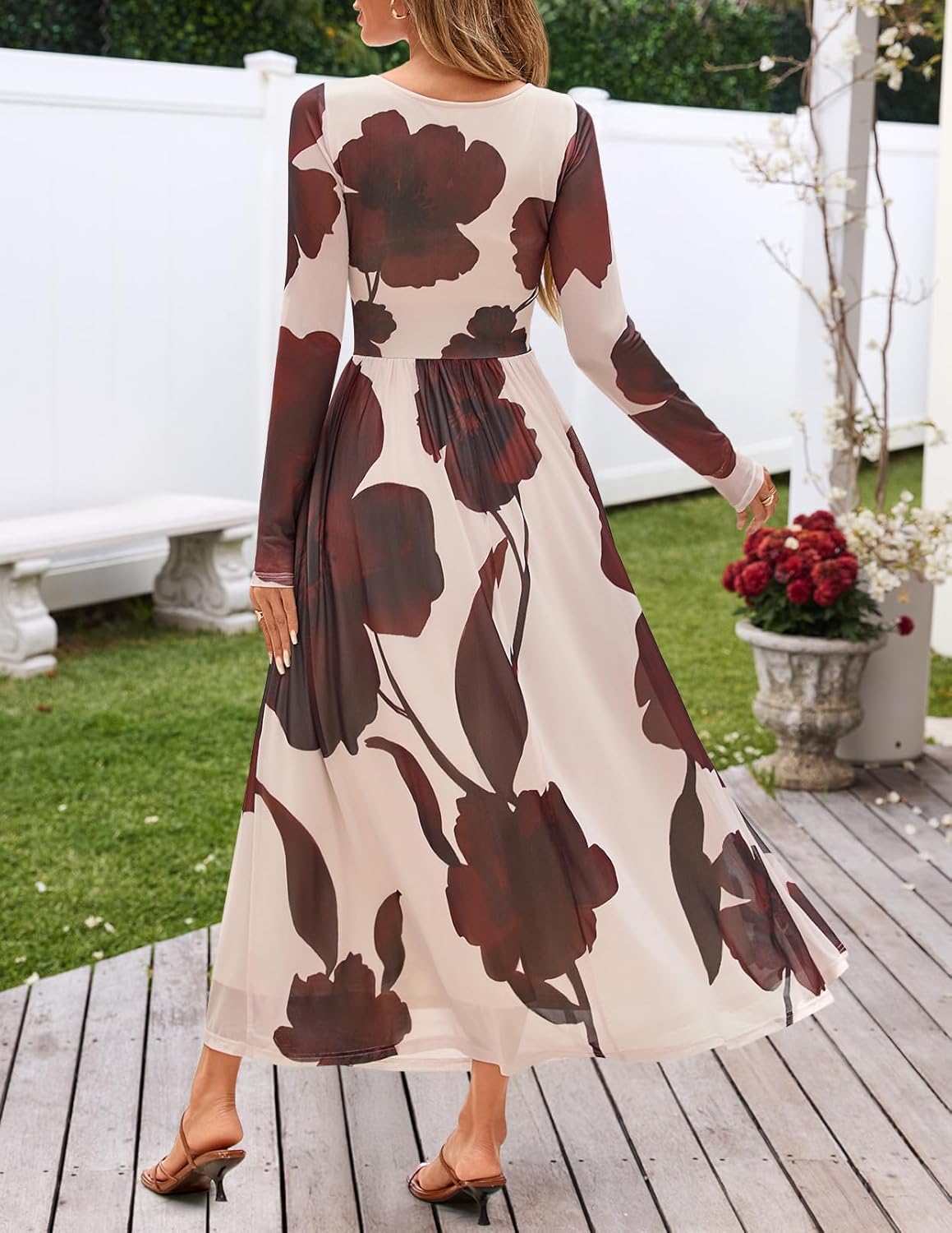 MEROKEETY Womens Long Sleeve Spring Wedding Guest Dress 2026 Crewneck Floral Flowy Mesh Cocktail Maxi Dresses