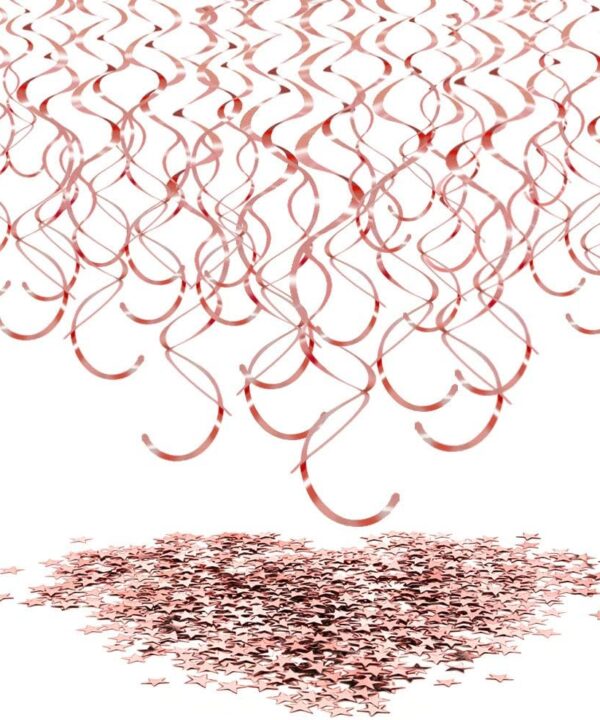 Konsait Rose Gold Foil Hanging Swirls Decorations (30 Counts) Rose Gold Star Table Confetti(15g) for Wedding Bridal Shower Engagement Birthday Party Favor Supplies Decoration Home Table Decor