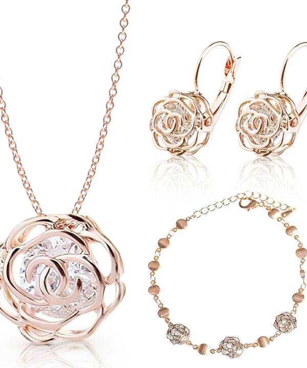 Crystalline Azuria Women 18K Gold Plated White Crystal Roses Flower Set Necklace Earrings Bracelet for Women Wedding Party Bridal Bridesmaid Accessories