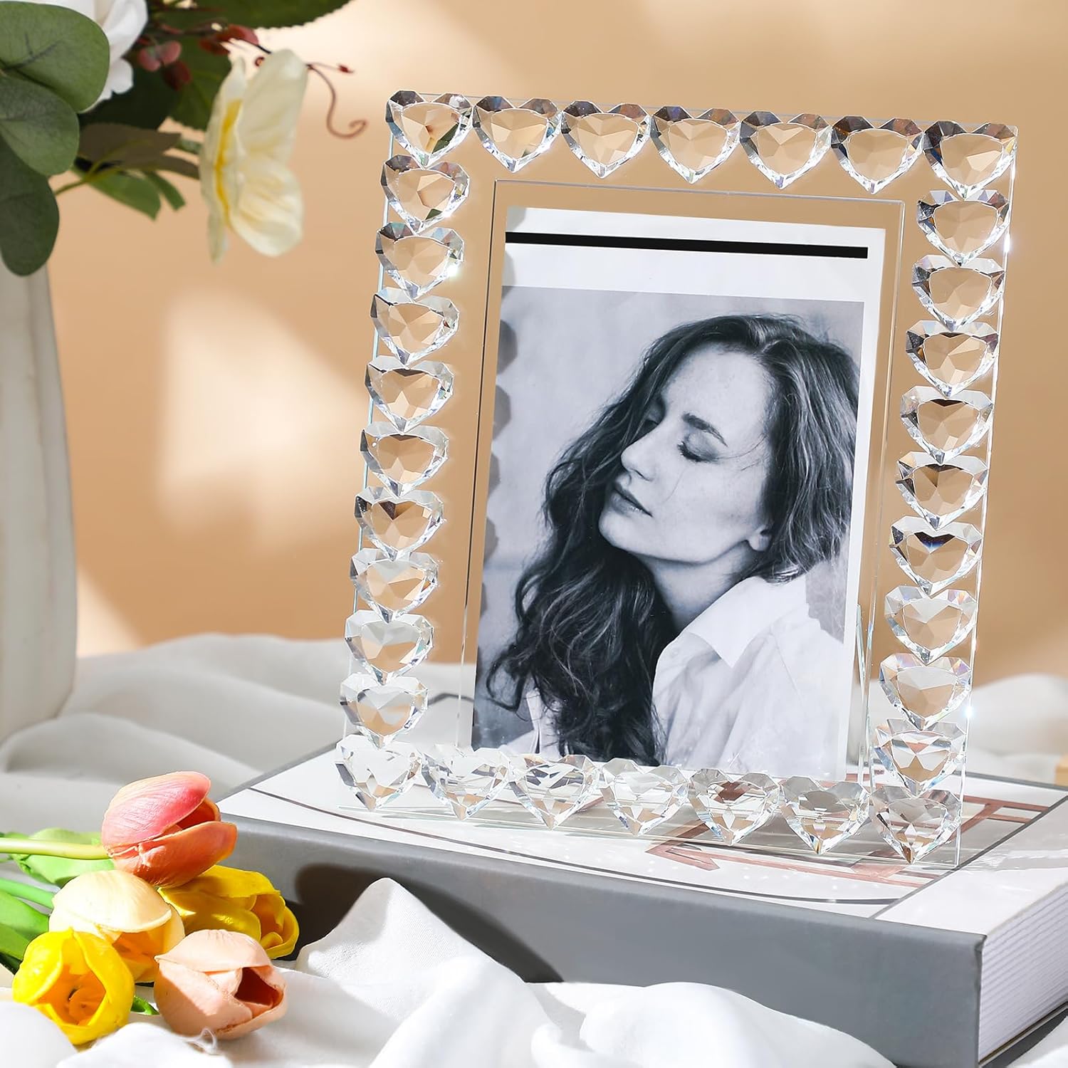 Briwooody 5×7 Inches Crystal Picture Frame Standing Clear Wedding Photo Frame for Home Tabletop Display Boutique Craft Decor (Heart)