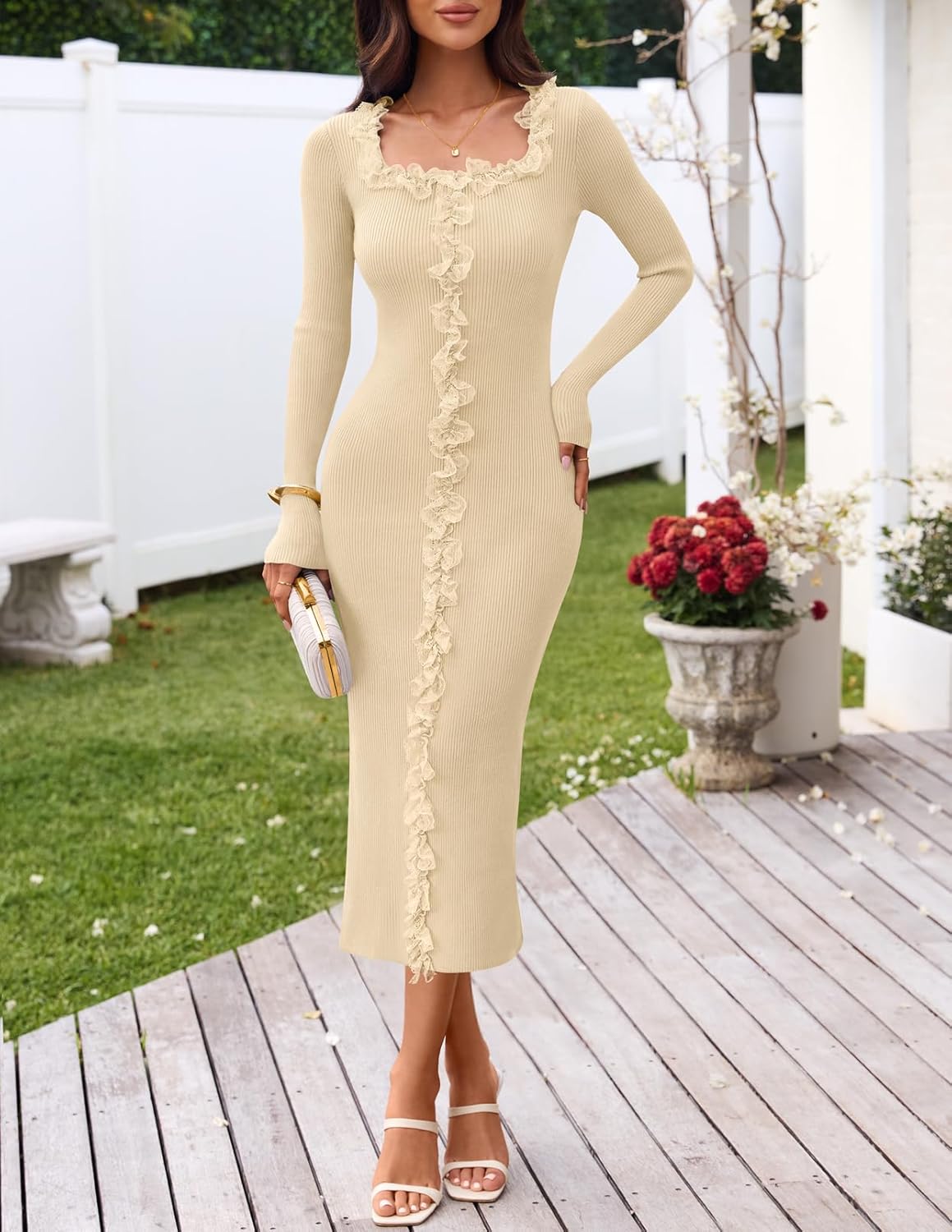 MEROKEETY Womens Fall Long Sleeve Sweater Dress 2025 Bodycon Square Neck Ruffle Ribbed Knit Midi Dresses