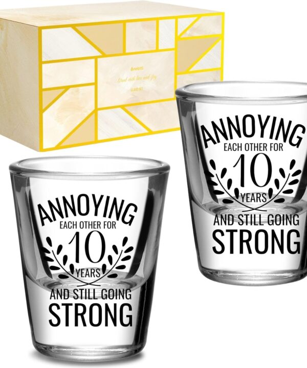 Onebttl Anniversary Cups for Couples, 10 Years Anniversary Funny Gifts for Boyfriend Girlfriend, 1.5 oz (45 ml) Shot Glasses Set of 2 - Annoying Each Other But Still Strong, Transparent