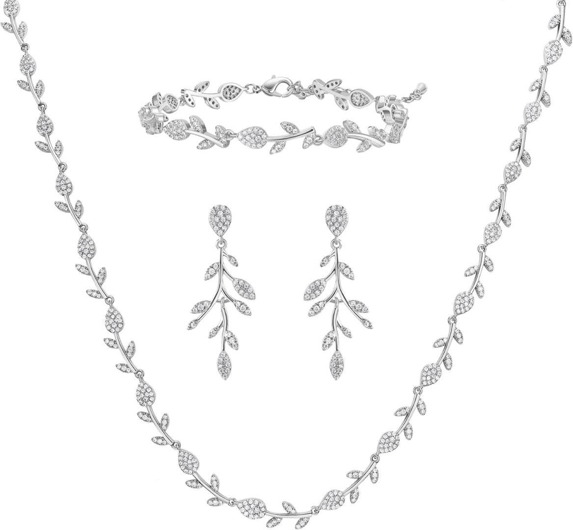 SWEETV Cubic Zirconia Wedding Jewelry Sets for Bride Bridesmaids, Crystal Leaf Vine Bridal Earrings and Necklace Set for Women Jewelry Gifts