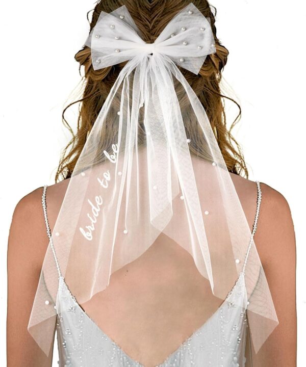 Bride to Be Embroidered Hair Bow Veil for Bachelorette Party Bridal Shower Tulle Pearl 2 Tier Bow Veil Engagement Accessory Bride Gift Velos De Novia (Style A)