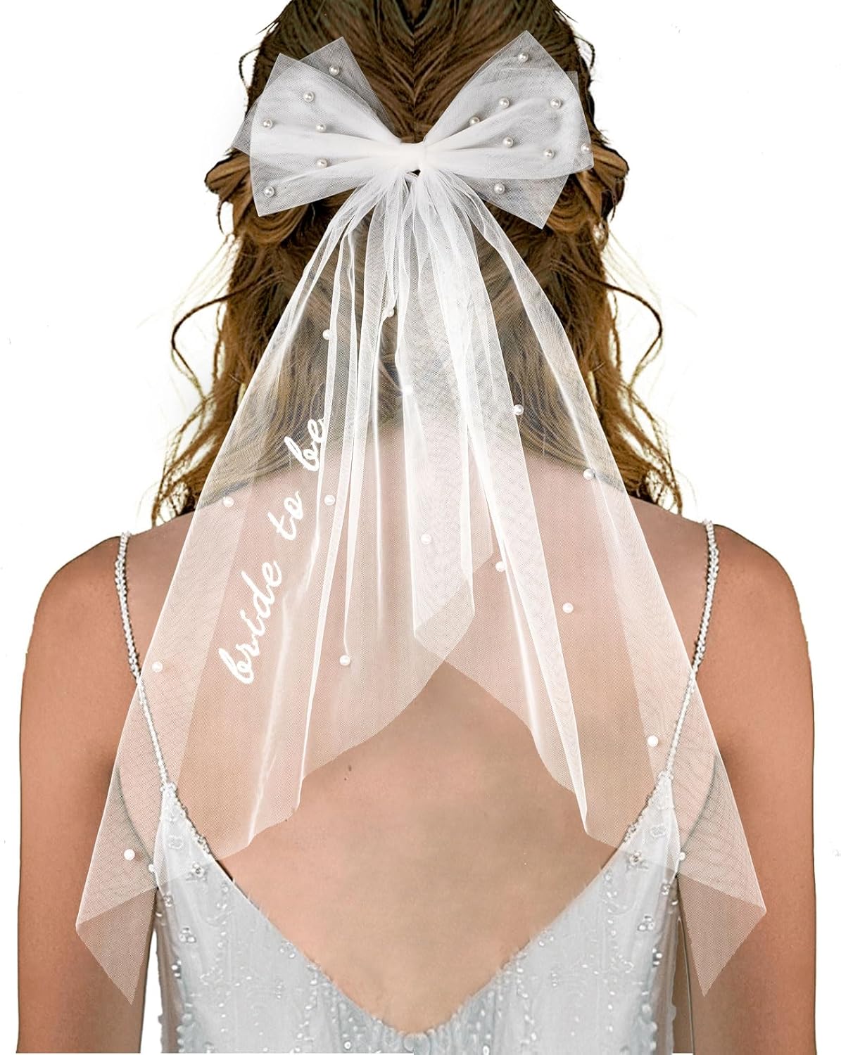 Bride to Be Embroidered Hair Bow Veil for Bachelorette Party Bridal Shower Tulle Pearl 2 Tier Bow Veil Engagement Accessory Bride Gift Velos De Novia (Style A)